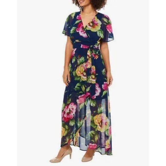 Luxology Women Navy Floral Faux Wrap Flutter Sleeve Maxi Dress Size 10 - Picture 1 of 13
